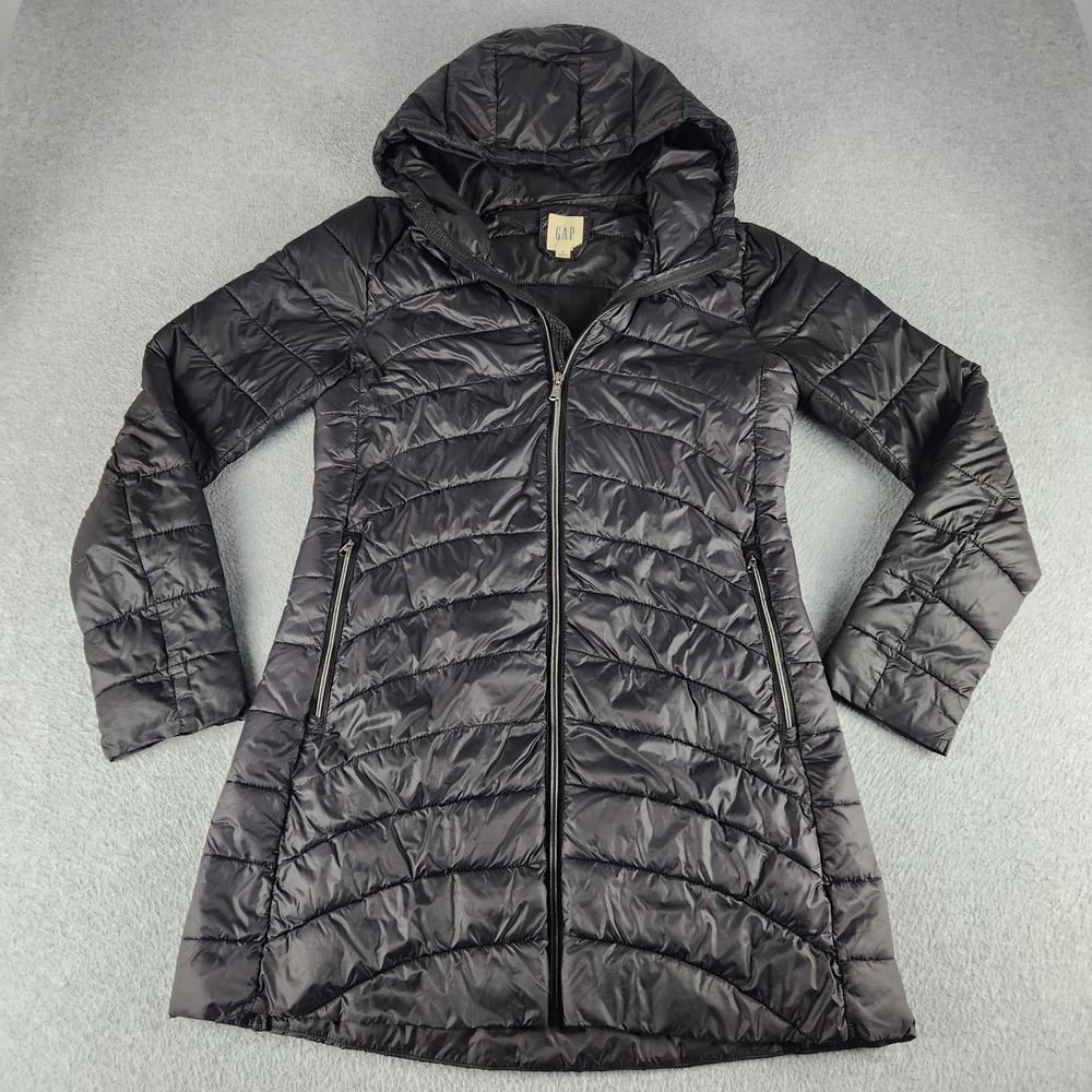 GAP Puffer Jacket Womens Small Black Quilted Long Sleeve Hooded Full Zip Outdoor